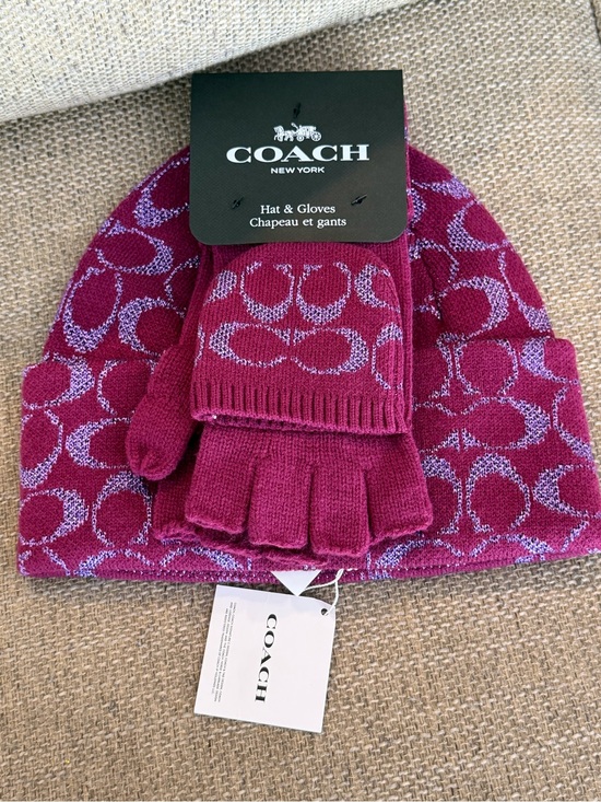 Coach Accessories - NWT - COACH Women's Deep Plum Metallic Signature C Beanie Hat & Gloves Set